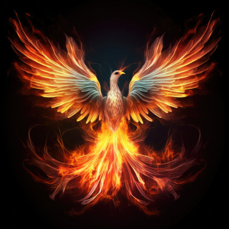 Burning bird phoenix isolated on black background. Bird phoenix. Generative Aiの素材