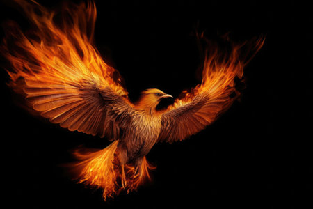 Burning bird phoenix isolated on black background. Bird phoenix. Generative Aiの素材
