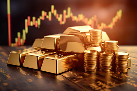 Gold ingots over stock market exchange background with a chart. Financial concept. Generative Aiの素材
