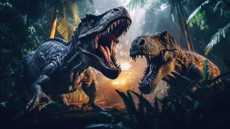 Two tyrannosaurus rex are fighting in the jungle. Tyrannosaurus rex.  Generative Aiの素材