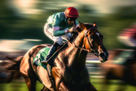Race horses, Race horses with jockeys with motion blur. Jockeying for the win in the racecourse. Generative Aiの素材