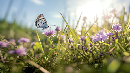 Purple butterfly on wild white violet flowers in grass in rays of sunlight. Butterfly. Generative Aiの素材