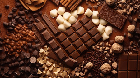 Top view of Composition of bars and pieces of different milk and dark chocolate, grated cocoa on a brown background. Generative Aiの素材