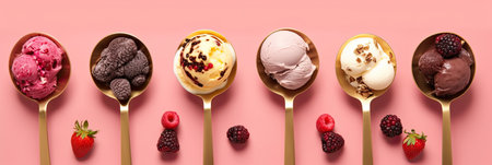 Ice Cream, Set of ice cream scoops of different colors and flavours with berries, nuts and fruits decoration on pink background. Generative Aiの素材