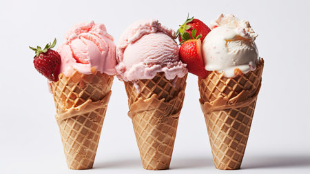 Ice Cream, Chocolate, vanilla and strawberry Ice cream in the cone on white background. Generative Aiの素材