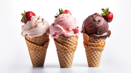 Ice Cream, Chocolate, vanilla and strawberry Ice cream in the cone on white background. Generative Aiの素材
