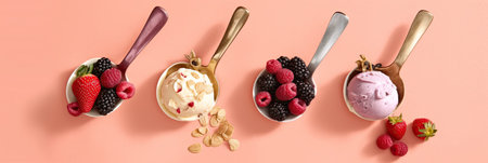 Ice Cream, Set of ice cream scoops of different colors and flavours with berries, nuts and fruits decoration on pink background. Generative Aiの素材