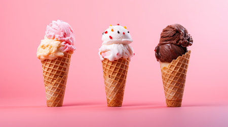 Ice Cream, Chocolate, vanilla and strawberry Ice cream in the cone on pink background. Generative Aiの素材