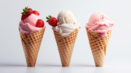 Ice Cream, Chocolate, vanilla and strawberry Ice cream in the cone on white background. Generative Aiの素材