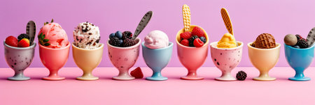 Ice Cream, Set of ice cream scoops of different colors and flavours with berries, nuts and fruits decoration on pink background. Generative Aiの素材