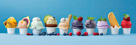 Ice Cream, Set of ice cream scoops of different colors and flavours with berries, nuts and fruits decoration on blue background. Generative Aiの素材