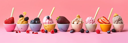 Ice Cream, Set of ice cream scoops of different colors and flavours with berries, nuts and fruits decoration on pink background. Generative Aiの素材