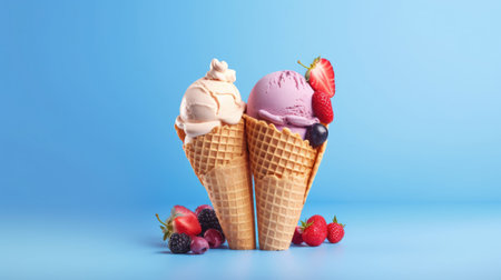 Ice Cream, Chocolate, vanilla and strawberry Ice cream in the cone on blue background. Generative Aiの素材