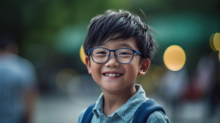 Happy satisfied asian boy wearing glasses portrait outside. Generative Aiの素材
