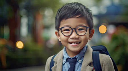 Happy satisfied asian boy wearing glasses portrait outside. Generative Aiの素材