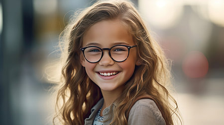 Happy satisfied girl wearing glasses portrait outside. Generative Aiの素材