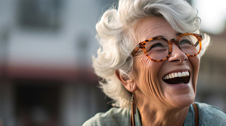 Happy satisfied senior woman wearing glasses portrait outside. Generative Aiの素材