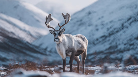 A reindeer  in winter on a background of the mountains. Generative Aiの素材