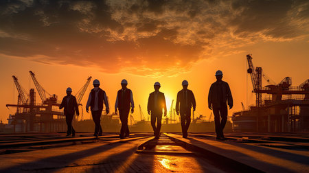 Silhouette of A team of engineers walk to inspect the infrastructure at construction site. Generative Aiの素材