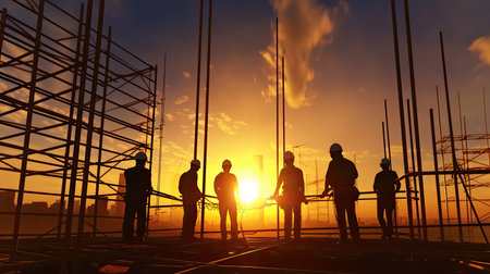 Silhouette of Engineer standing orders for construction crews to work on high ground heavy industry and safety concept. Generative Aiの素材