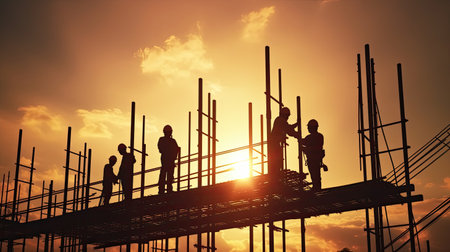 Silhouette of construction industry engineer standing orders for worker team to work safety on high at construction site. Generative Aiの素材