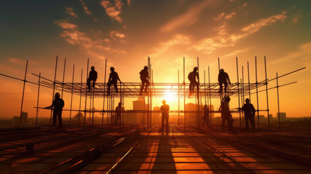 Silhouette of construction team working at construction site. Generative Aiの素材
