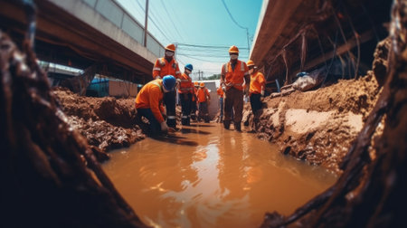 Teamwork of construction engineer and workers cooperate with excavator excavation water drainage at construction site. Generative Aiの素材
