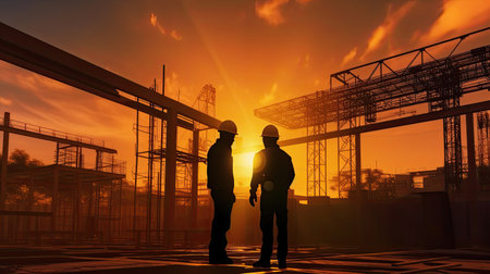 Silhouette of Engineer and worker checking project at construction site at sunset. Generative Aiの素材