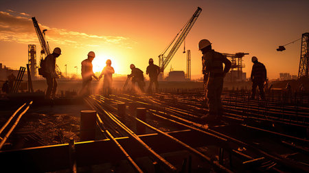 Silhouette of construction team working at construction site. Generative Aiの素材