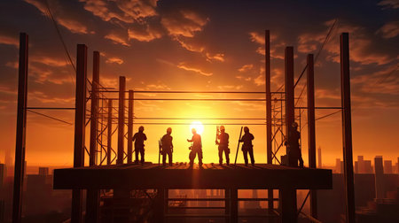Silhouette of construction worker team standing orders for worker team to work safety on high at construction site. Generative Aiの素材