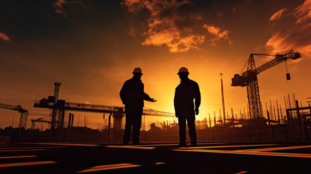 Silhouette of Engineer and worker checking project at construction site at sunset. Generative Aiの素材