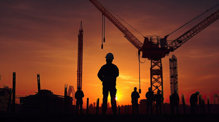 Silhouette of Engineer standing orders for construction crews to work on high ground heavy industry and safety concept. Generative Aiの素材