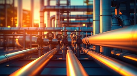 Background with shiny factory pipes.Industrial pipeline, oil and gas factory. Generative Aiの素材