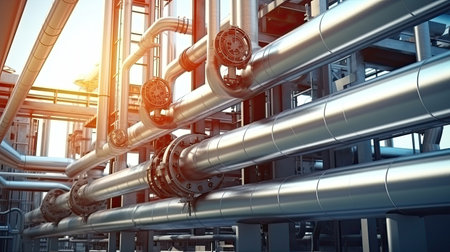 Background with shiny factory pipes.Industrial pipeline, oil and gas factory. Generative Aiの素材