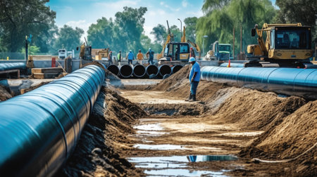 Construction worker working water supply or sewer pipeline at construction site. Generative Aiの素材
