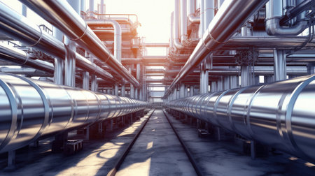 Background with shiny factory pipes.Industrial pipeline, oil and gas factory. Generative Aiの素材