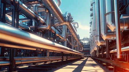 Industry pipeline transport petrochemical, gas and oil processing, equipment steel pipes plant. Generative Aiの素材