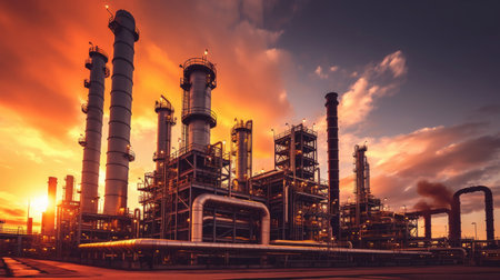 oil refinery plant form industry zone with sunrise and cloudy sky. equipment steel pipes plant. Generative Aiの素材