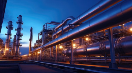 Industry pipeline transport petrochemical, gas and oil processing, equipment steel pipes plant. Generative Aiの素材