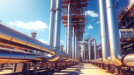 Industry pipeline transport petrochemical, gas and oil processing, equipment steel pipes plant. Generative Aiの素材