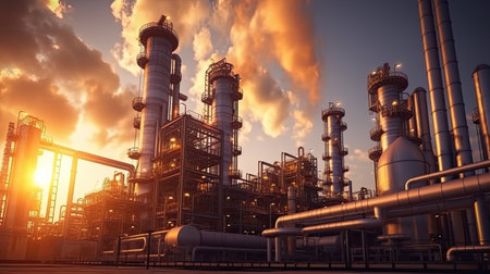 oil refinery plant form industry zone with sunrise and cloudy sky. equipment steel pipes plant. Generative Aiの素材