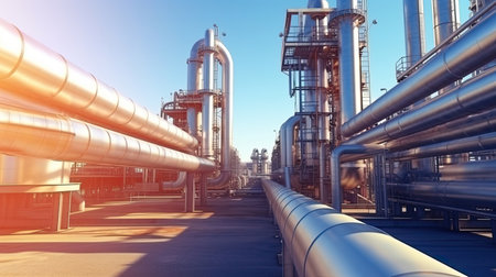 Industry pipeline transport petrochemical, gas and oil processing, equipment steel pipes plant. Generative Aiの素材