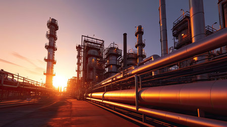 Industry pipeline transport petrochemical, gas and oil processing, equipment steel pipes plant. Generative Aiの素材