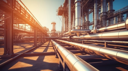 Industry pipeline transport petrochemical, gas and oil processing, equipment steel pipes plant. Generative Aiの素材