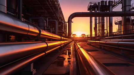 Steel long pipes in crude oil factory during sunset. Generative Aiの素材