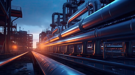 Industry pipeline transport petrochemical, gas and oil processing, equipment steel pipes plant. Generative Aiの素材