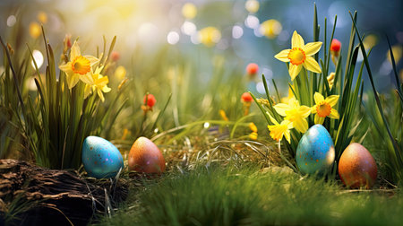 Easter eggs and daffodil flower on meadow. Easter eggs. Generative Aiの素材