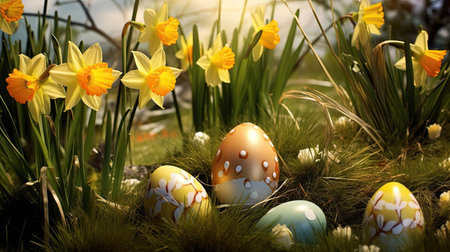 Easter eggs and daffodil flower on meadow. Easter eggs. Generative Aiの素材