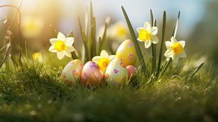 Easter eggs and daffodil flower on meadow. Easter eggs. Generative Aiの素材