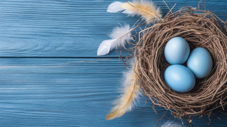Easter eggs, feathers in a nest on a blue wooden background. The minimal concept. Card with a copy of the place for the text. Generative Aiの素材